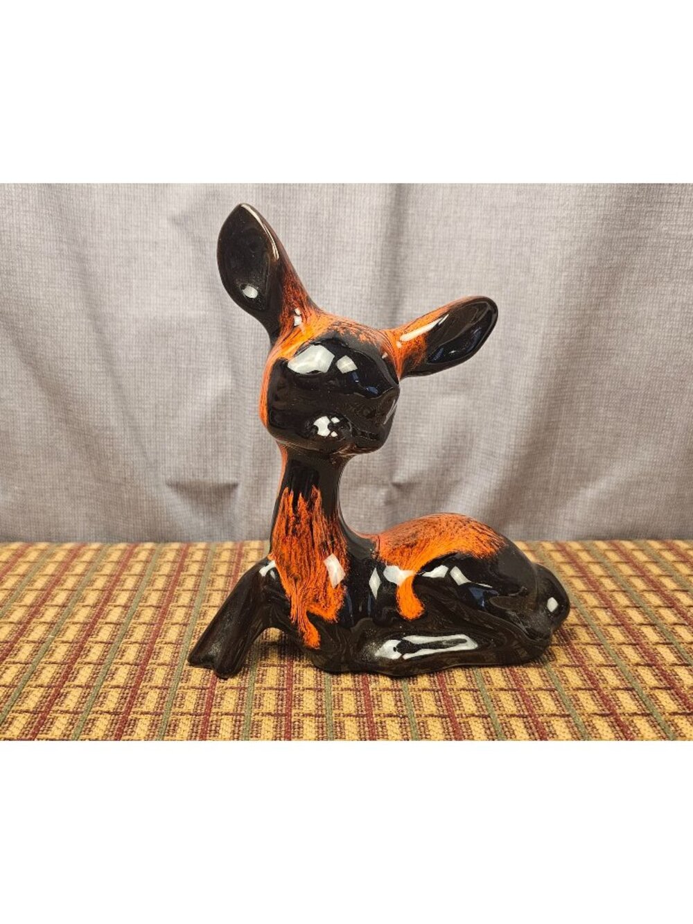 Handmade Ceramic Deer Figurine Black & Orange Signed Chamart France Vintage Déco